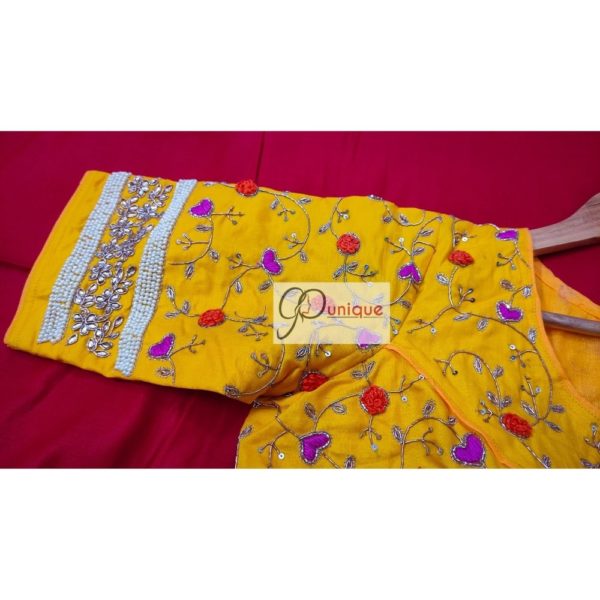 yellow floral motif maggam blouse design2