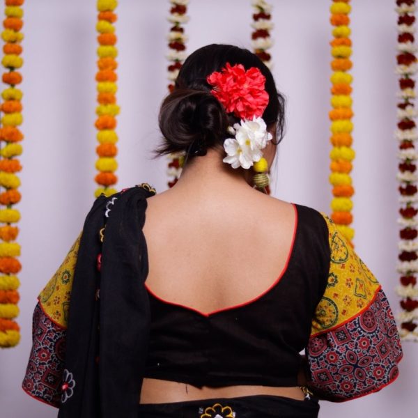 black khadi with multi colour ajrak bell sleeves blouse2