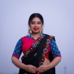 magenta khadi with indigo with blazer collar blouse