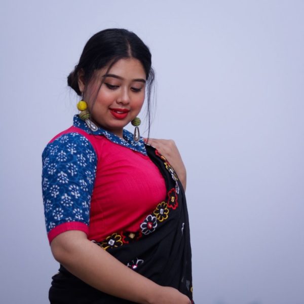 magenta khadi with indigo with blazer collar blouse1