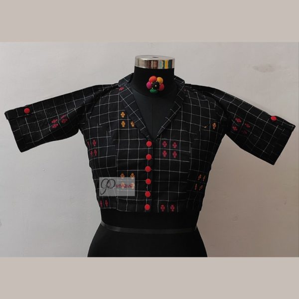 black check khadi with red yellow weaving with red show button blouse