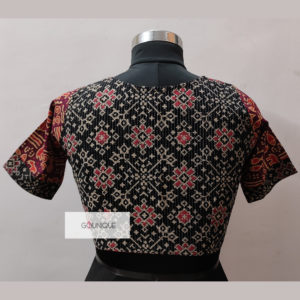 red and blue ajrak katha stitch croptop blouse design