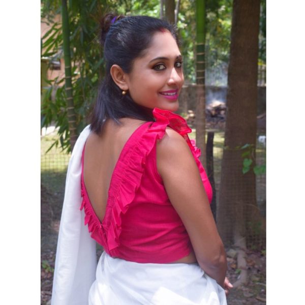 magenta khadi deep ' v ' neck blouse with frills blouse design1