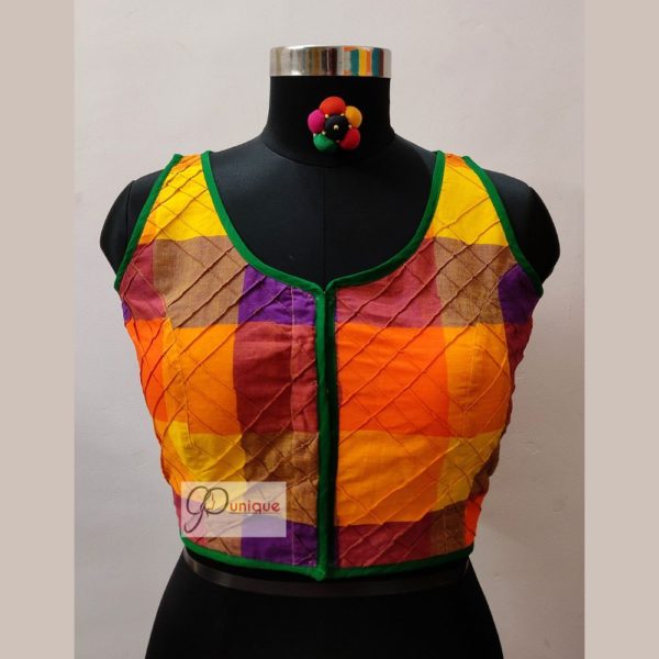 multi colours check khadi weaving design blouse