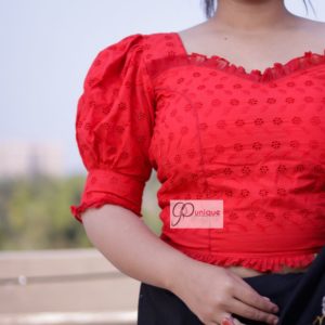 red hakoba with cotton frill croptop blouse1