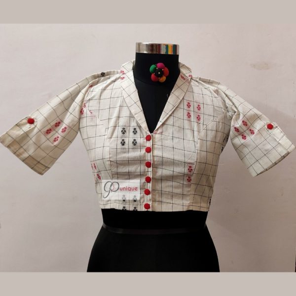 white check khadi with red black weaving with red show button blouse