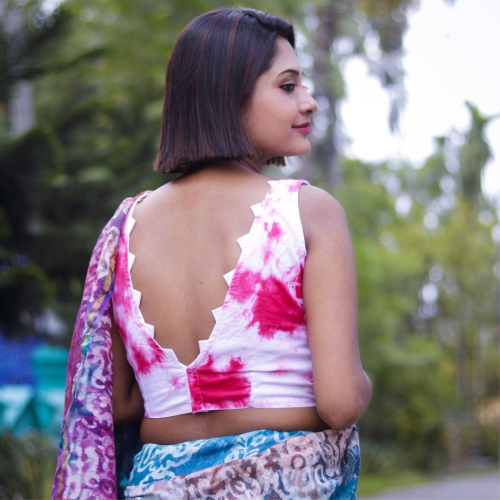 White And Magenta Tie And Dye Backless Blouse - GoUnique
