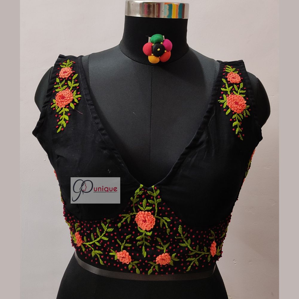 Black Hand Embroidery (Aari Work) Sleeveless Blouse Design - GoUnique