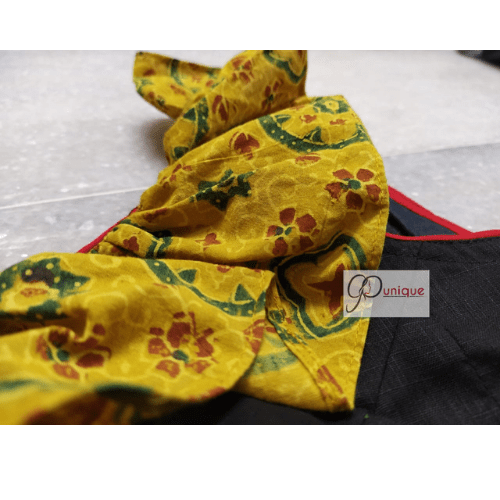 Black Glossy Cotton With Yellow Ajrak Frill Blouse 1