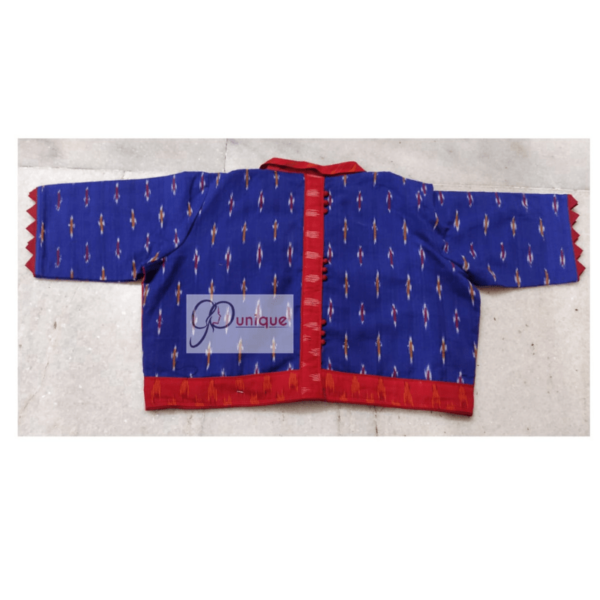 Blue Red Ikkat Blouse With Collar Back