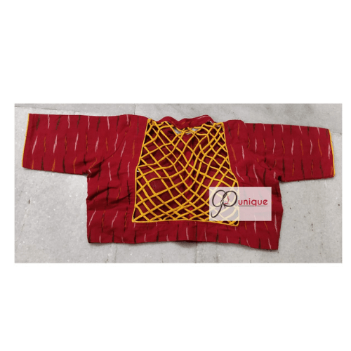Red Ikkat Blouse With Back Yellow Criss Cross Back