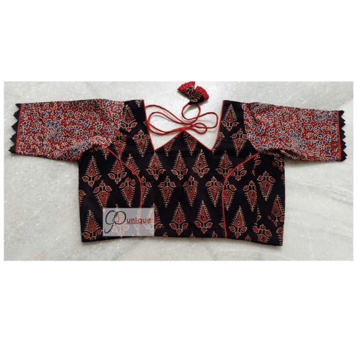 Black Ajrak With Red Flower Red Blue Sleeves W Neck 1