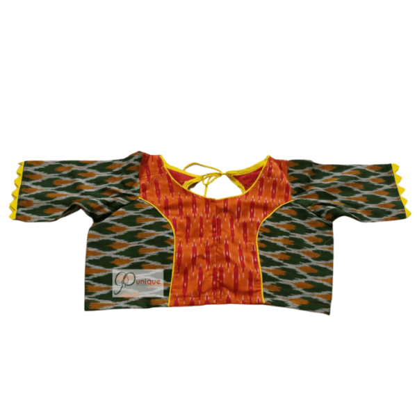 Orange Ikkat Body With Green Yellow Ikkat Sleeve Blouse