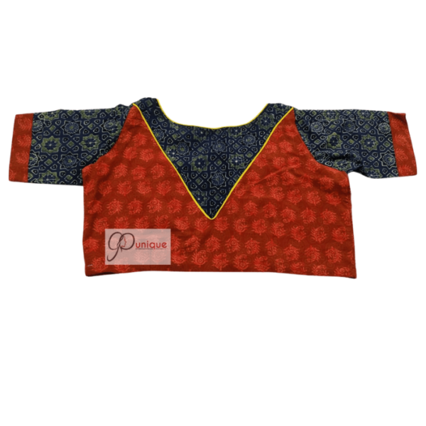 Orangisg Red Ajraj Body With Blue Sleeves Blouse 2
