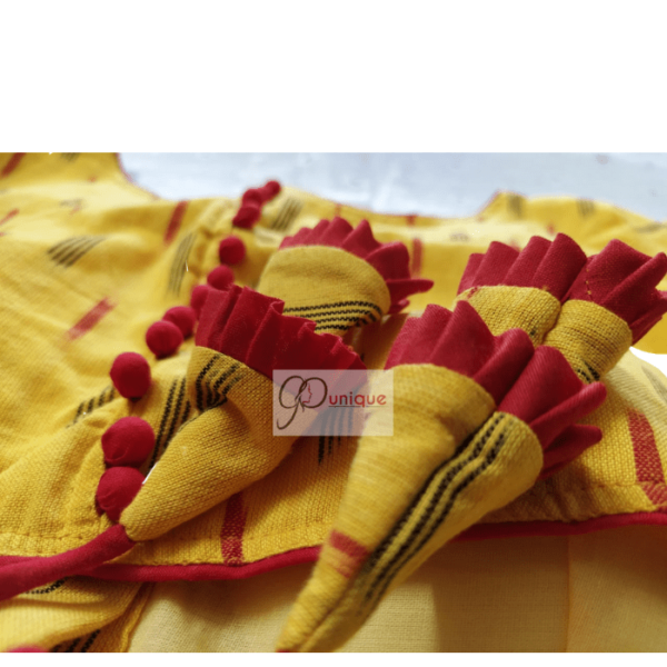 Yellow Ikkat Blouse With Red Frill And Red Yellow Latkan 1