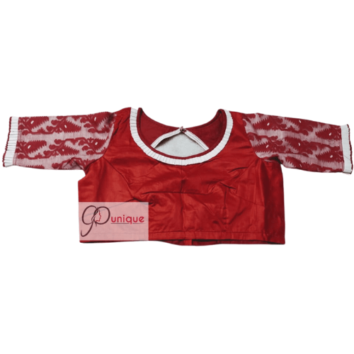 Red Glossy Cotton Body And Red White Jamdani Sleeves Blouse