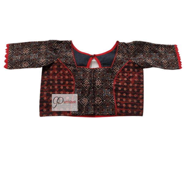 Black Brown Combination Ajrak Blouse With Red Frill 1