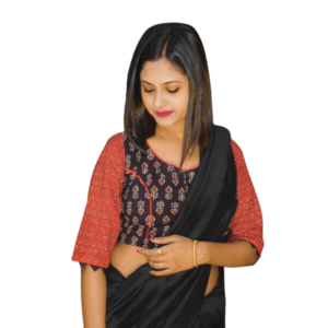 Black Flower Motive Ajrak Body With Brown Sleeves 2
