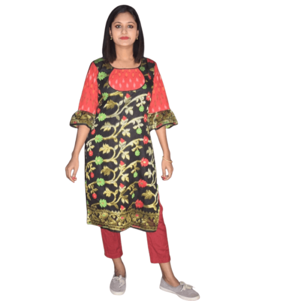 Black Flower Motive Jamdani With Red Ikkat Dress 1