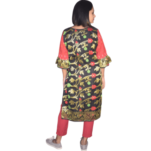 Black Flower Motive Jamdani With Red Ikkat Dress 2