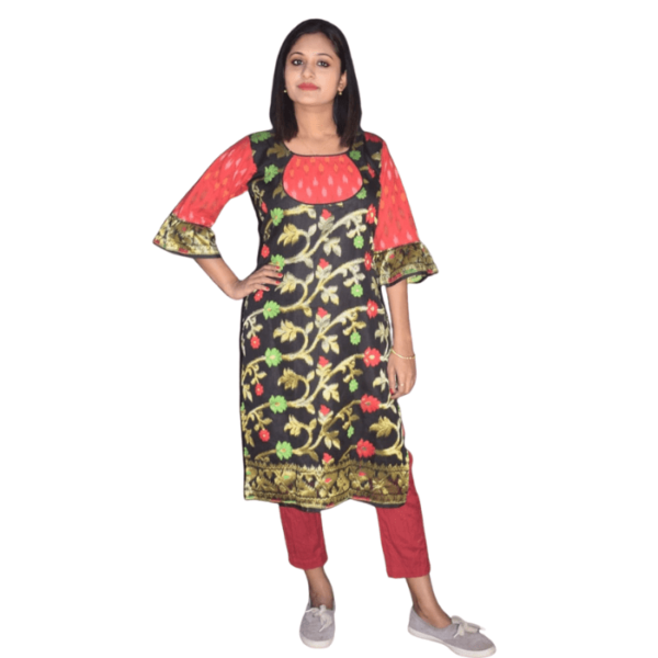 Black Flower Motive Jamdani With Red Ikkat Dress 3