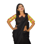 Black Khadi Blouse With Multi Colour Check Sleeves 4