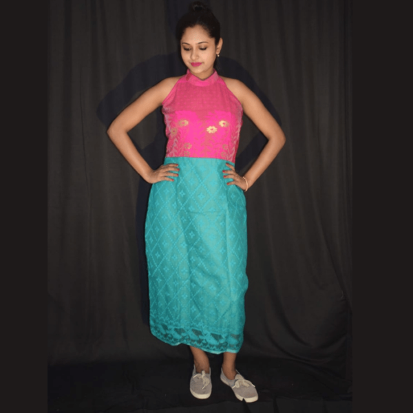 Magenta Jamdani With Sea Green Jamdani Sleeveless Dress