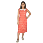 Peach Ikkat With White Work And Whie Collar Sleeveless Dress