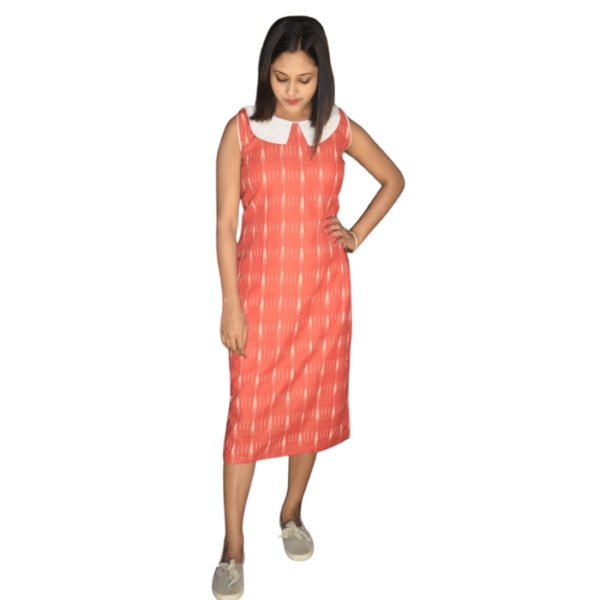Peach Ikkat With White Work And Whie Collar Sleeveless Dress 2
