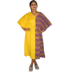 Yellow Khadi With Purple Ajrak Half Half Kaftan