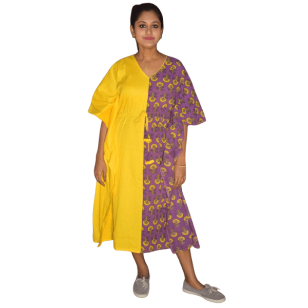 Yellow Khadi With Purple Ajrak Half Half Kaftan 3