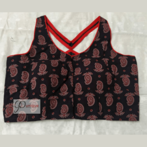 Black Ajrak Sleeveless Blouse With Red Work