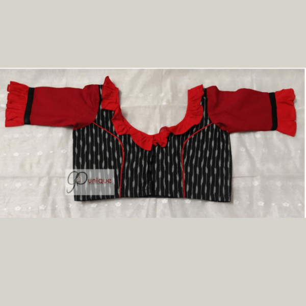 Black Ikkat Body With Red Khadi Sleeves And Neck Frill Blouse 1