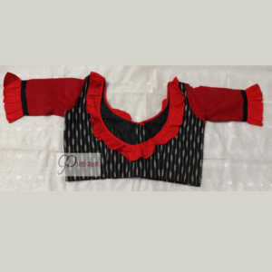 Black Ikkat Body With Red Khadi Sleeves And Neck Frill Blouse