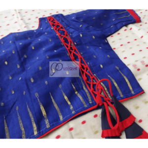 Blue Jamdani Criss Cross Glass Sleeve Blouse With Latkan 1
