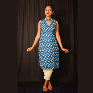 Blue White Combination Sleeveless Ikkat Dress 1