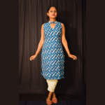 Blue White Combination Sleeveless Ikkat Dress 4
