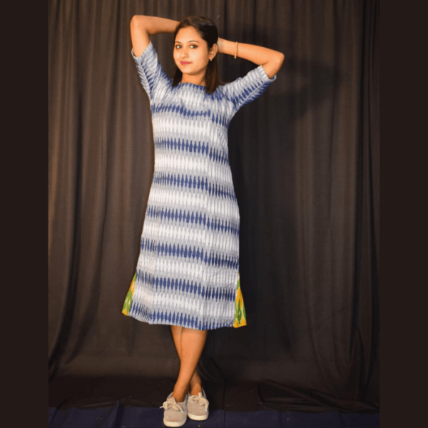 Blue White Ikkat Dress With Green Yellow Side Design 1