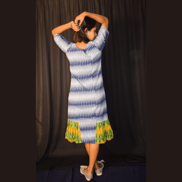 Blue White Ikkat Dress With Green Yellow Side Design 3