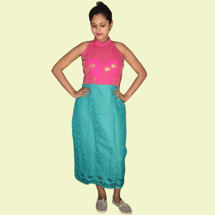 Magenta Jamdani With Sea Green Jamdani Sleeveless Dress 