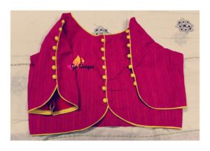 Magenta Khadi Blouse With Yellow Button And Piping