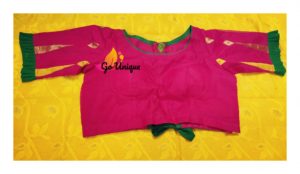 Pink Jamdani Blouse With Gren Frill And Bow