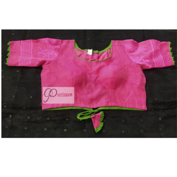 Pink Jamdani With Green Border And Lace Blouse 1