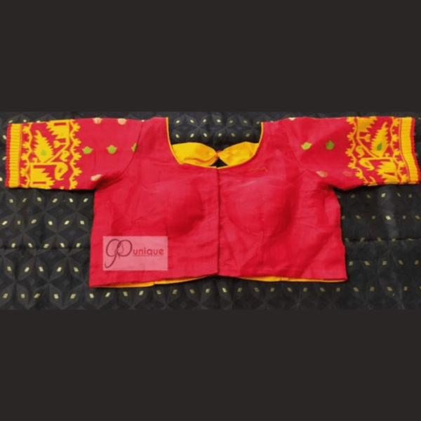 Pure Jamdani Red Blouse With Red Yellow Sleeves