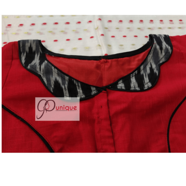 Red Cotton Silk Blouse With Black And Grey Ikkat Jacket Type Design Blouse 1