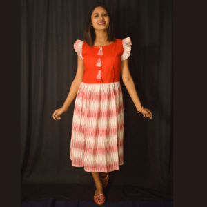 Red Khadi With Red White Ikkat Material Dress 1