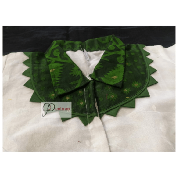 White Jamdani Body With Green Collar And Frill Blouse 1