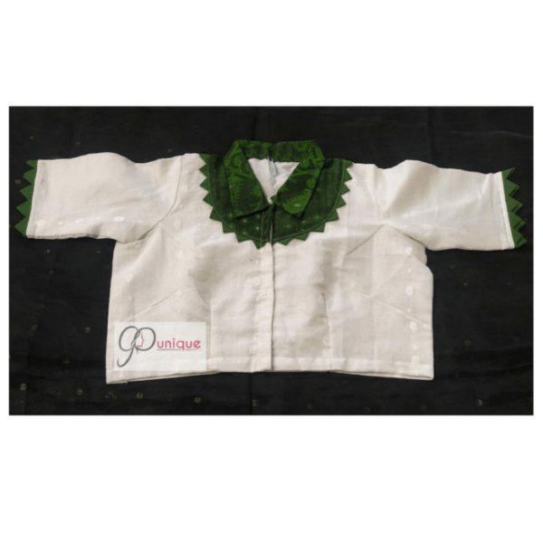 White Jamdani Body With Green Collar And Frill Blouse