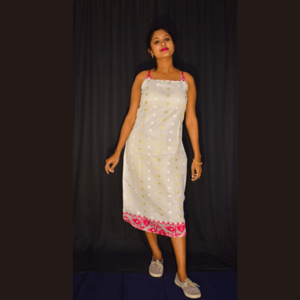White Jamdani Sleeveless Dress With Magenta Work Finishing 2