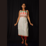 White Jamdani With Red Green Work Sleeveless Dress 2